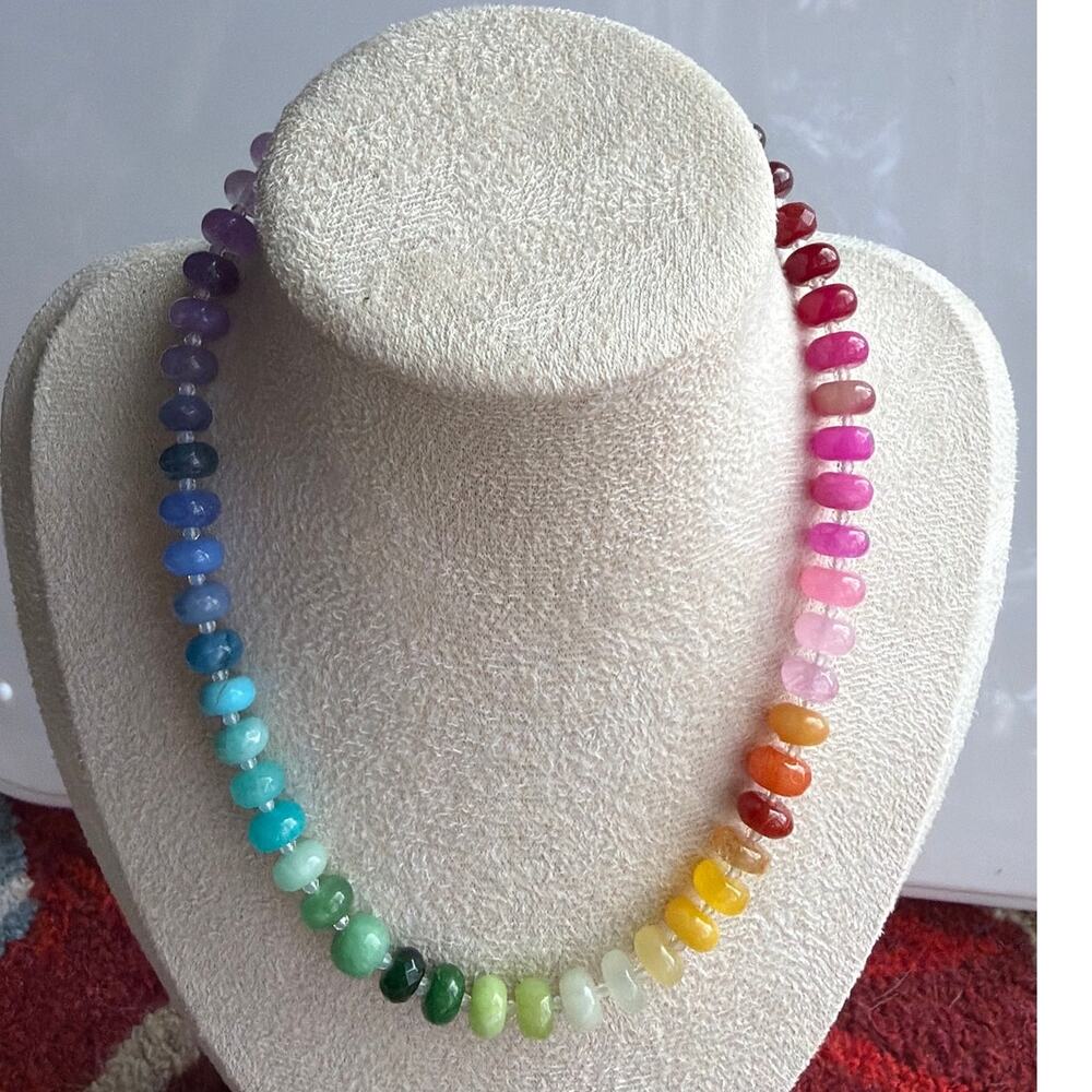 Almost 15" Ombre Rainbow Gemstone Necklace, Silver Tone Hardware, Colorful